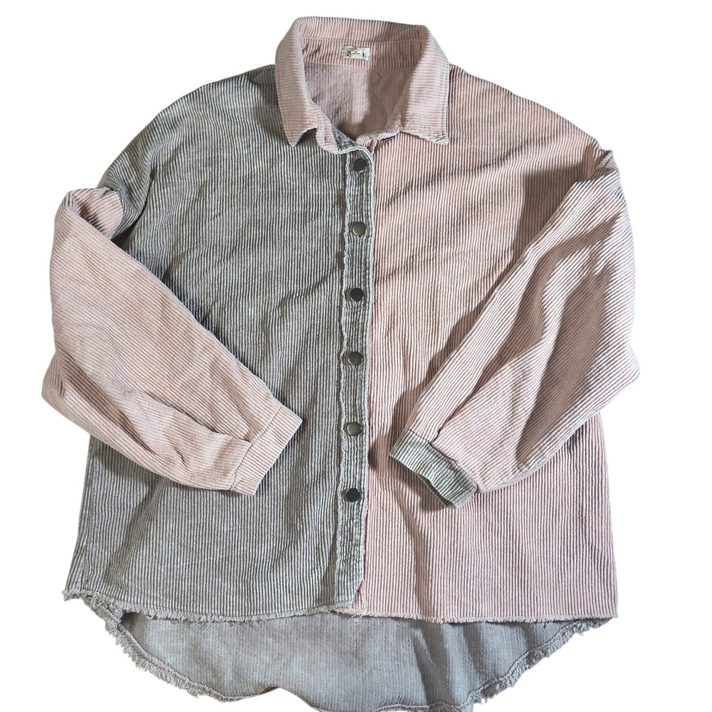 POL Oversized Corduroy Shacket Women's S Pink Gray Button Up Raw Hem Jacket